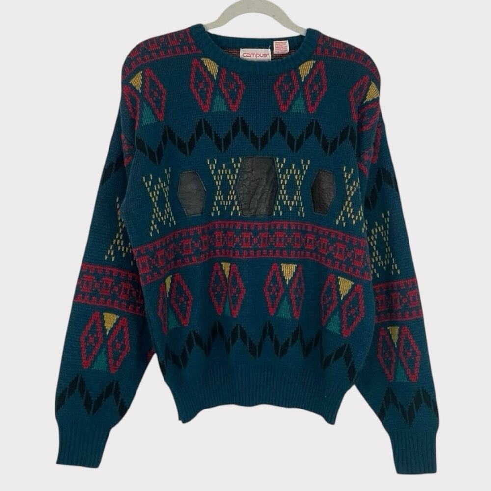 Campus Vintage Colorful Teal Geometric & Leather Patch Knit Sweater